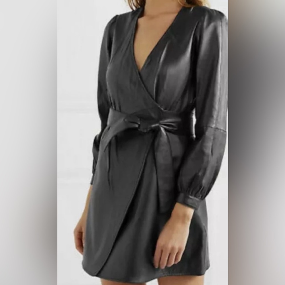 7 For All Man KInd Long Sleeve Faux Black Leather Wrap Dress, Size Small NWT